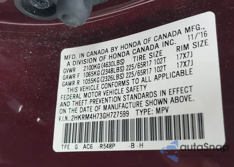 2016 Honda Cr-V Ex-L z USA, uszkodzony, nr VIN 2HKRM4H73GH727599